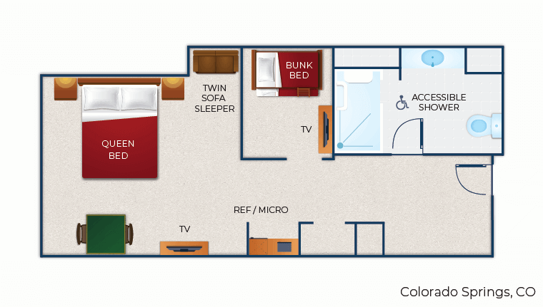The floorplan for the accessible shower Wolf Pup Den Suite 